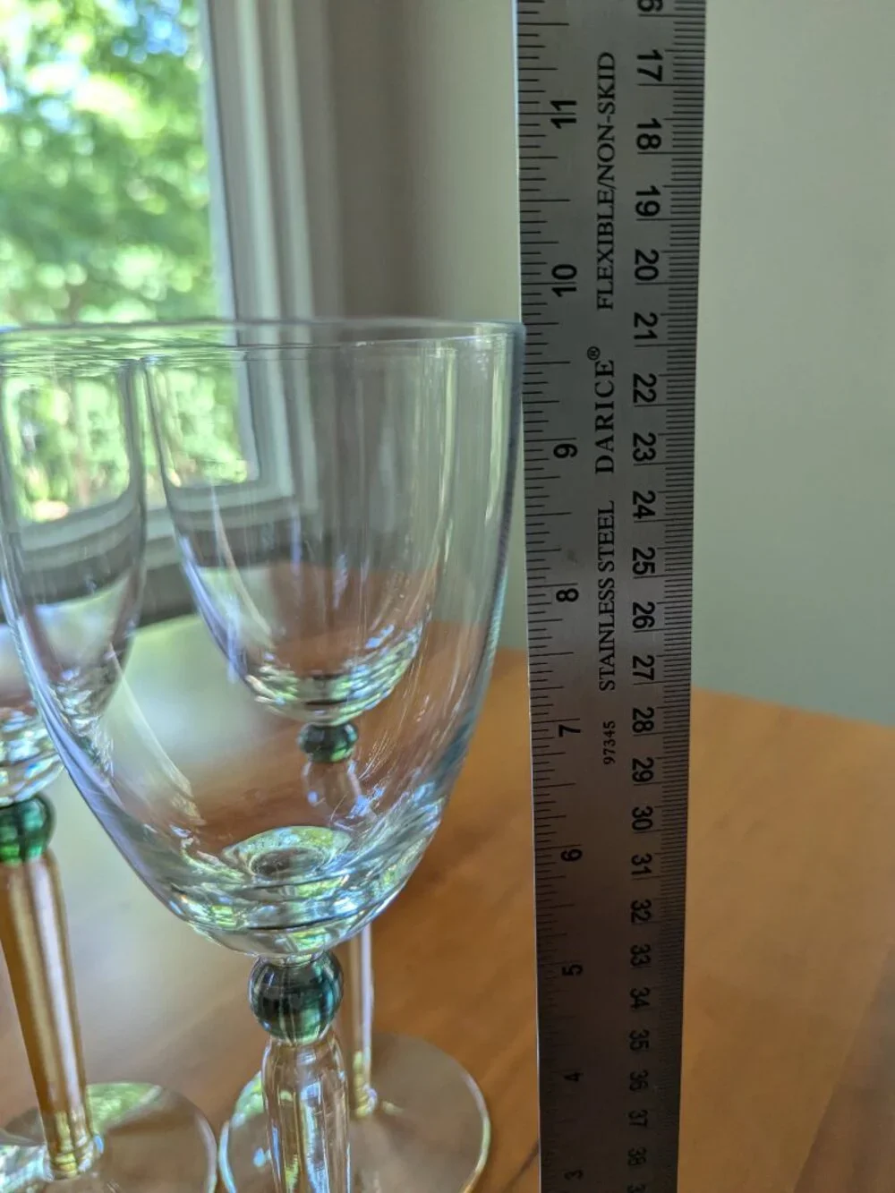 Vintage Pottery Barn Goblets Glasses Iridescent Amber Stem Green Bubble Set of 4